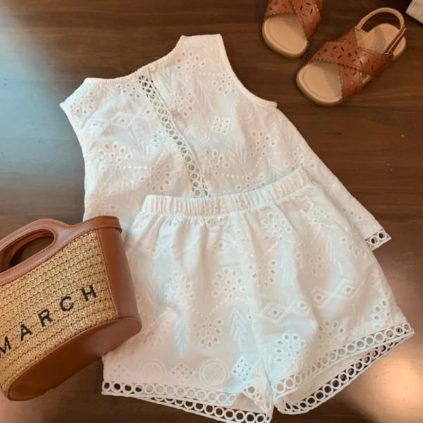 Tunique à fente + Short Blanc brodé